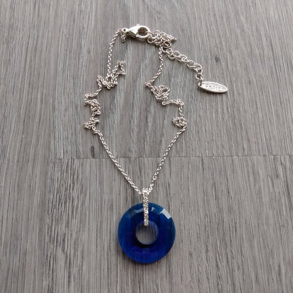 Blue Glass Necklace Circle Pendant Silver Tone Nygard Designer - Picture 1 of 9